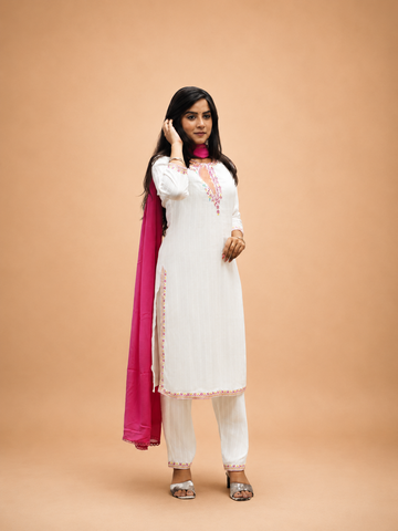 WHITE VISCOSE EMBRODERY HAND WORK KURTA SUIT SETS