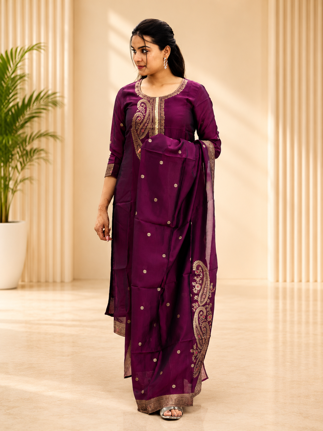 RED ART SILK STRIGHT KURTA PANT SUIT SET