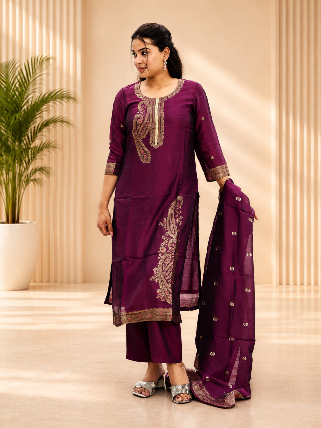 RED ART SILK STRIGHT KURTA PANT SUIT SET