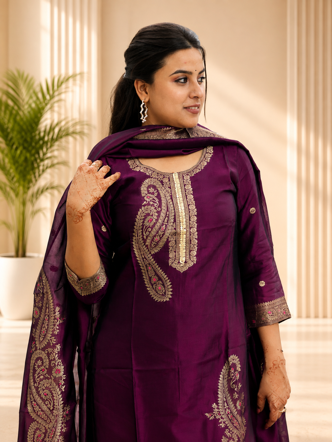 RED ART SILK STRIGHT KURTA PANT SUIT SET