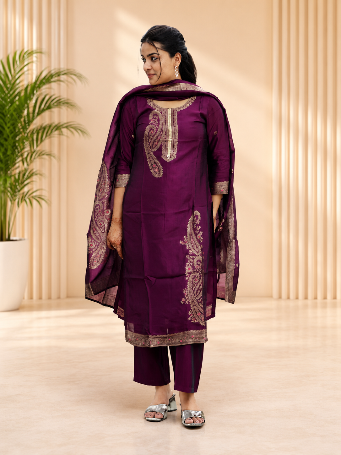 RED ART SILK STRIGHT KURTA PANT SUIT SET