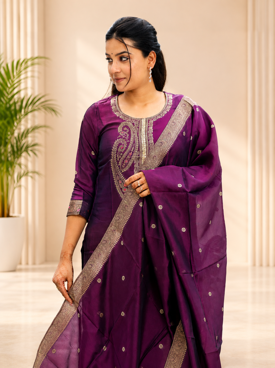 RED ART SILK STRIGHT KURTA PANT SUIT SET