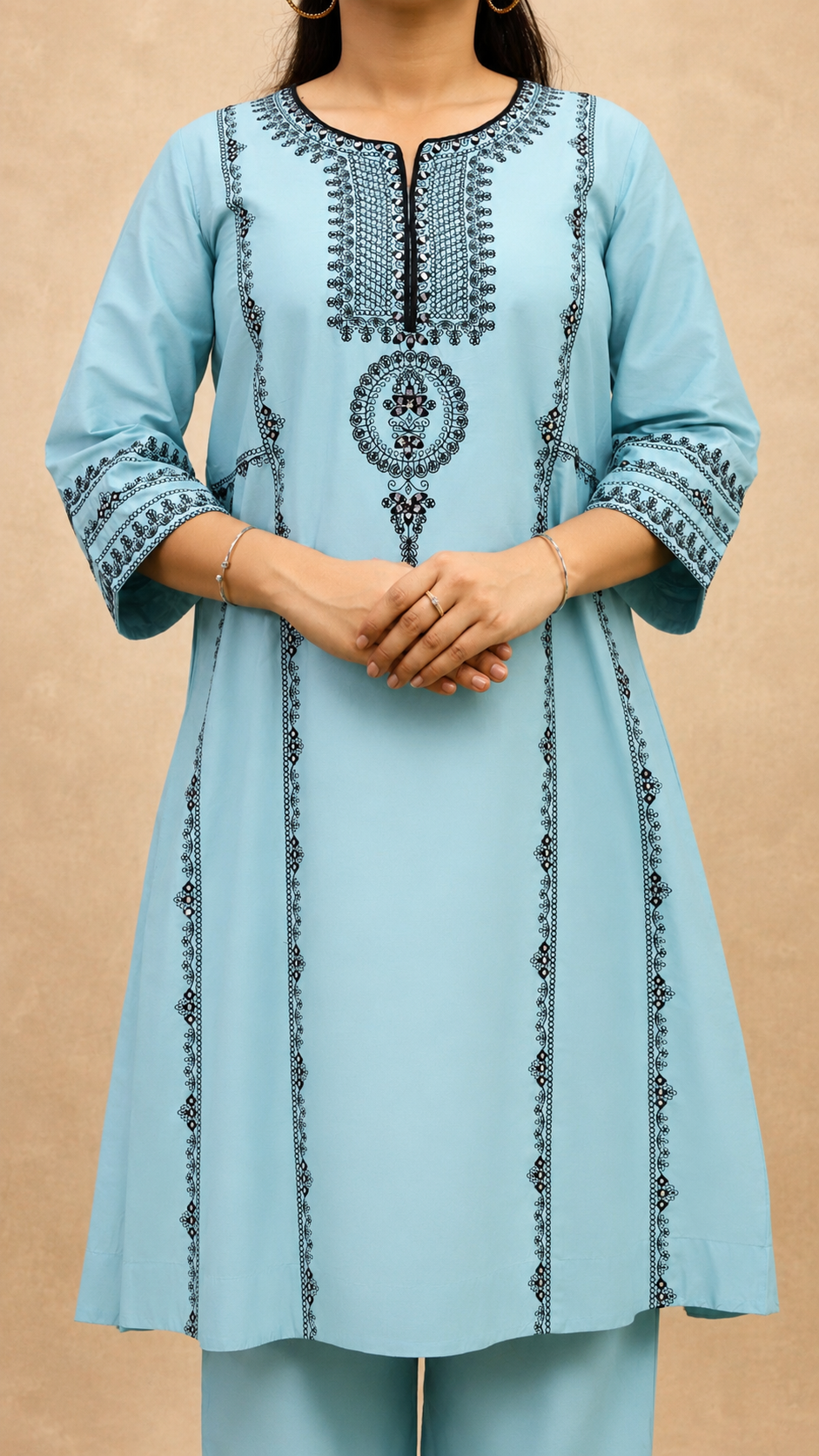 BLUE EMBEROIDERY FLAREAD KURTA SUT SET