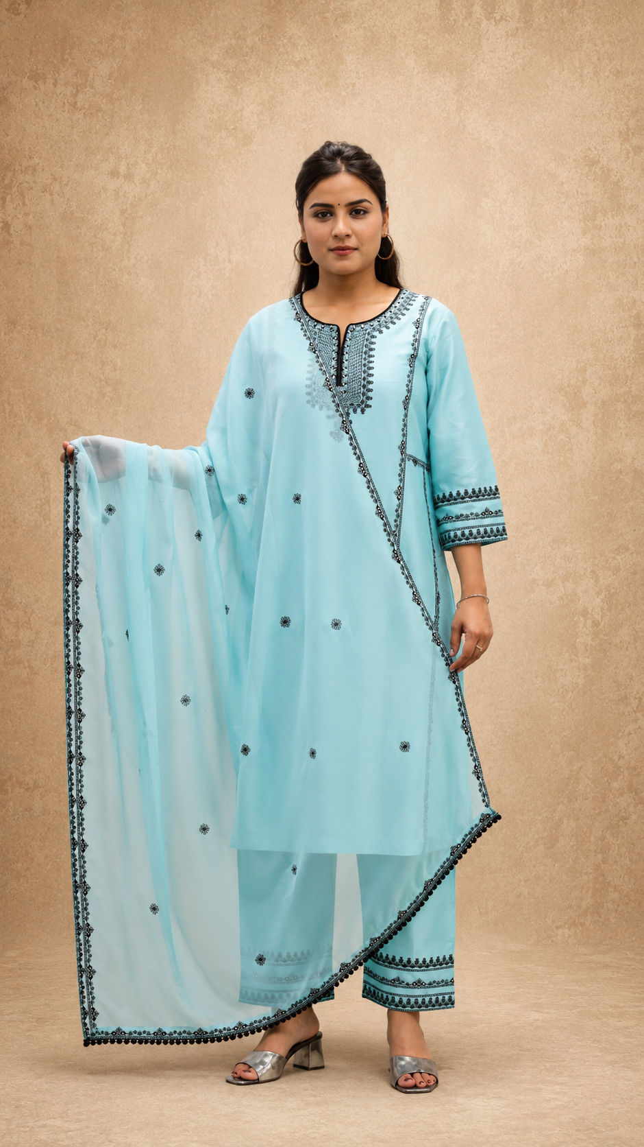 BLUE EMBEROIDERY FLAREAD KURTA SUT SET