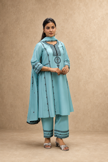 BLUE EMBEROIDERY FLAREAD KURTA SUT SET