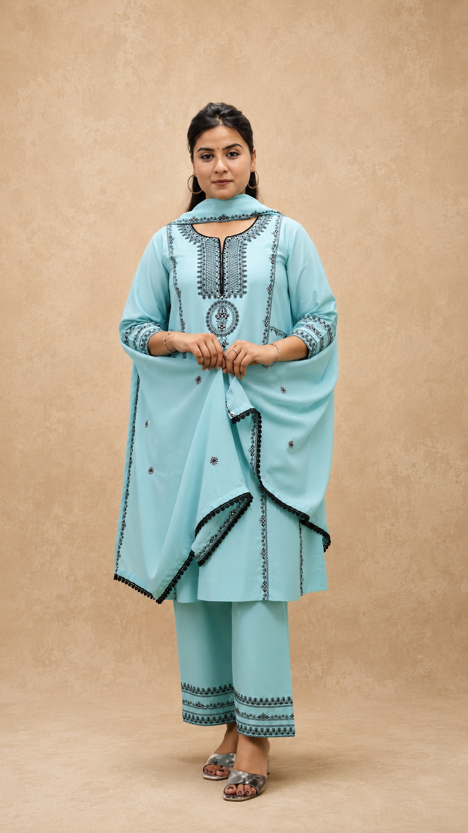 BLUE EMBEROIDERY FLAREAD KURTA SUT SET
