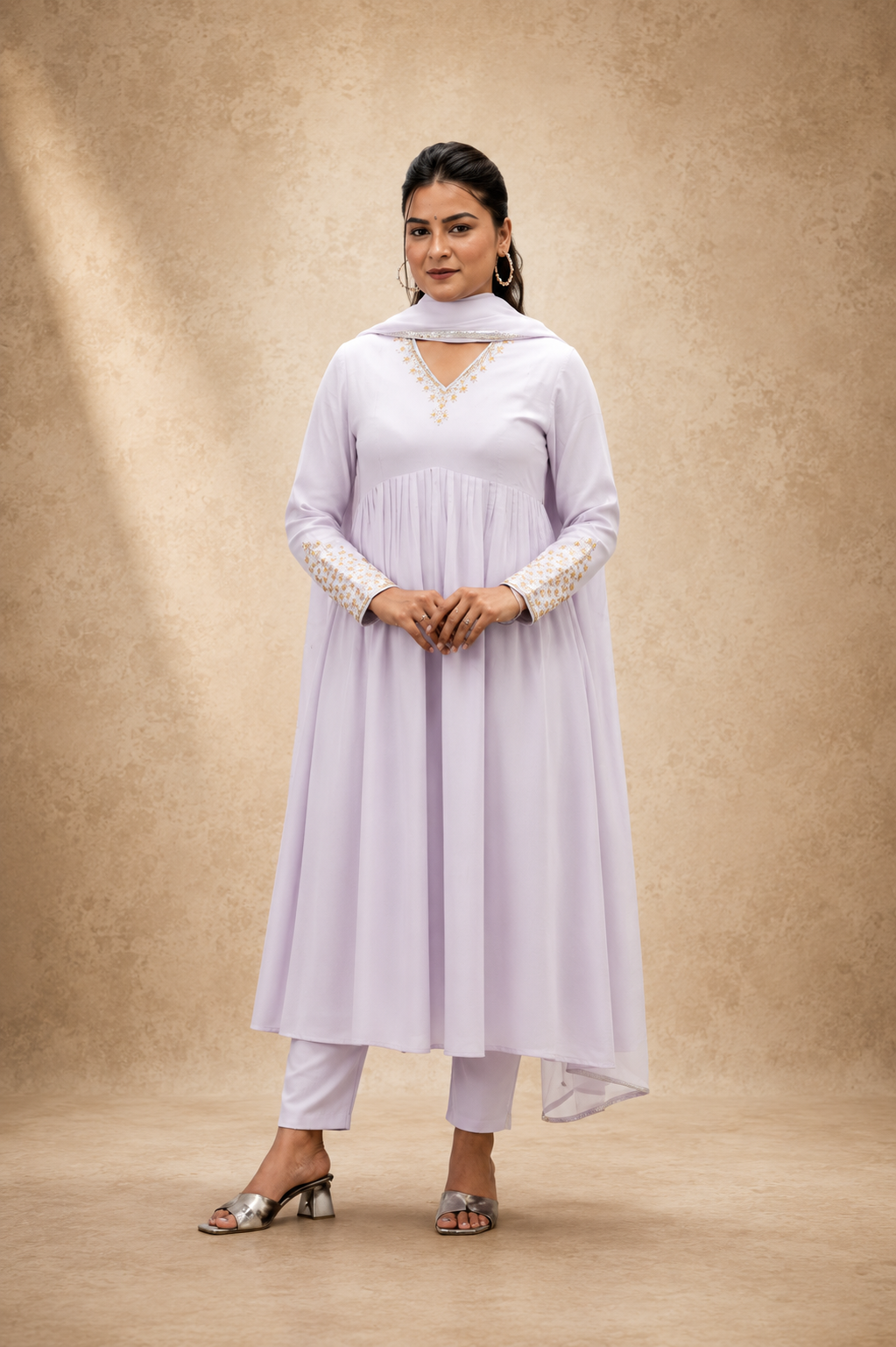 YELLOW COTTON SATIN PLEATED HAND WORK  STRIGHT PANT SUIT SET