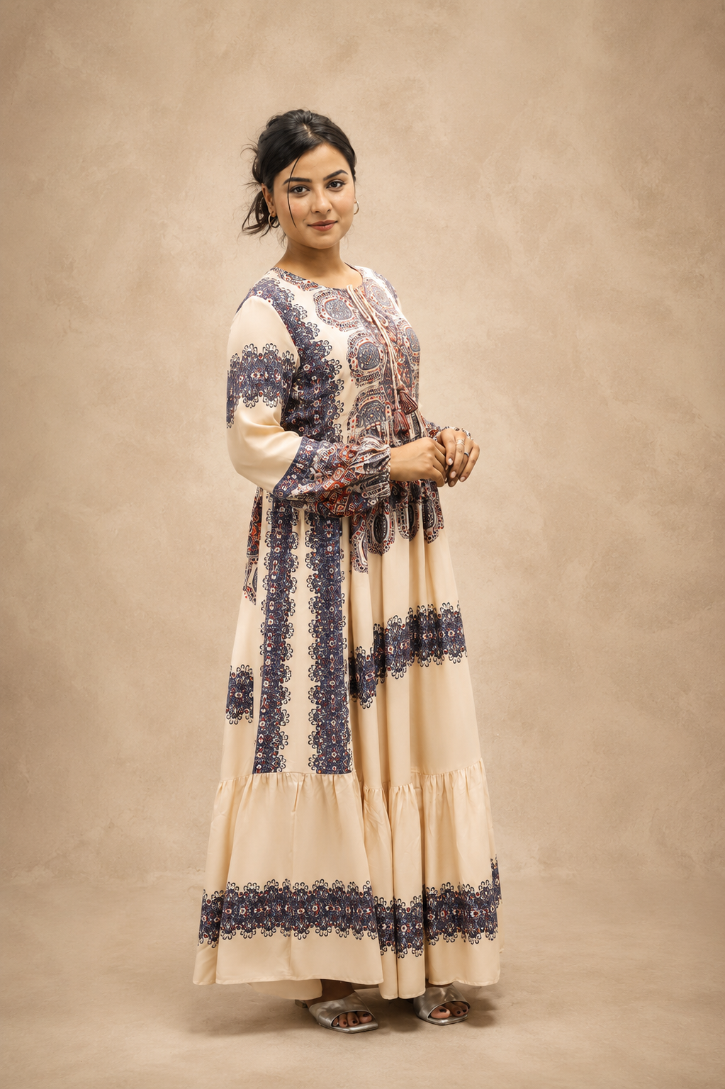 BEIGE VICOSE HAND WORK LONGB DRESS