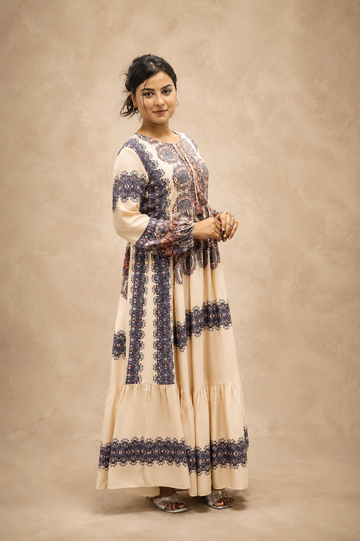 BEIGE VICOSE HAND WORK LONGB DRESS