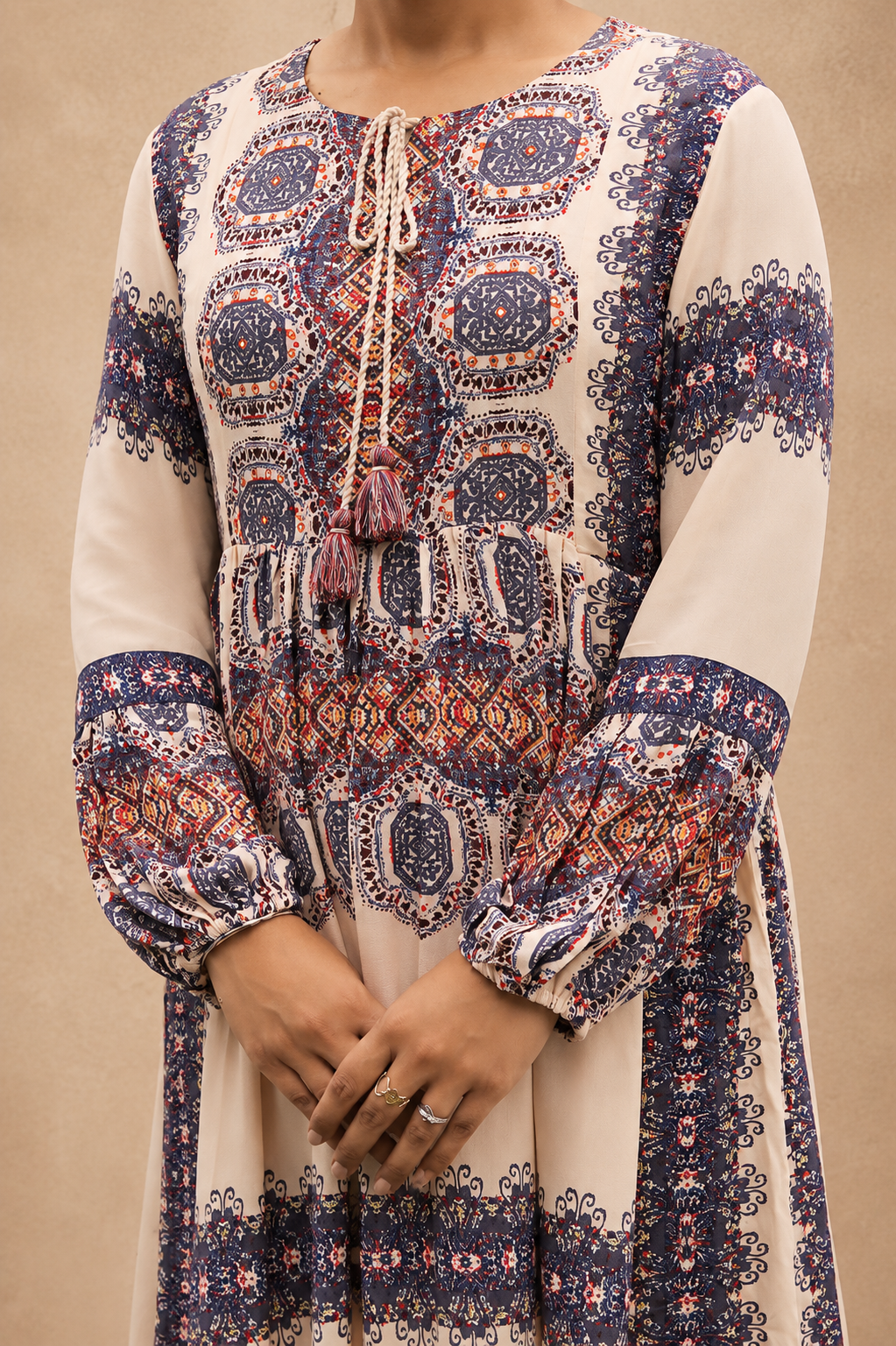 BEIGE VICOSE HAND WORK LONGB DRESS