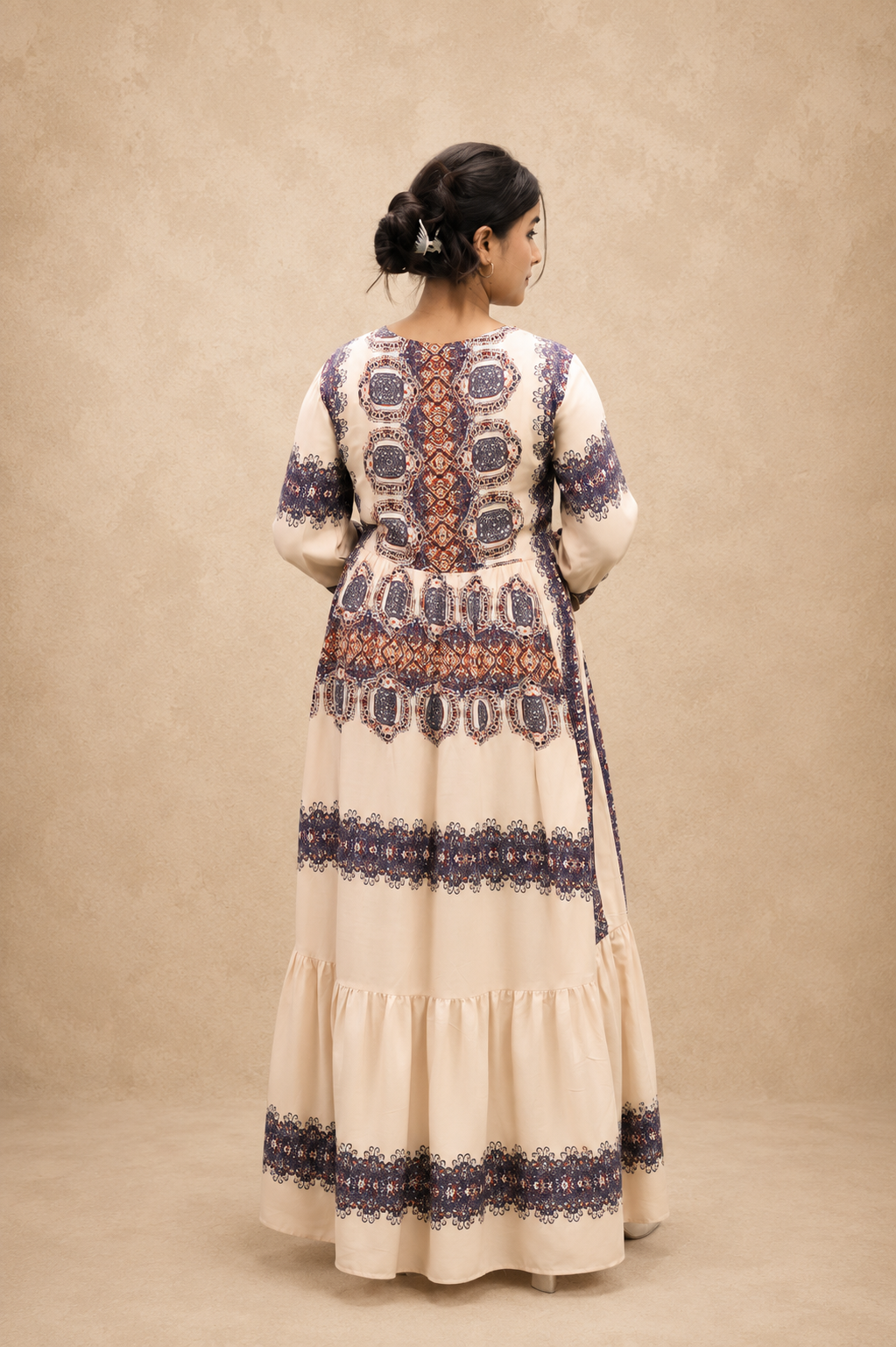 BEIGE VICOSE HAND WORK LONGB DRESS
