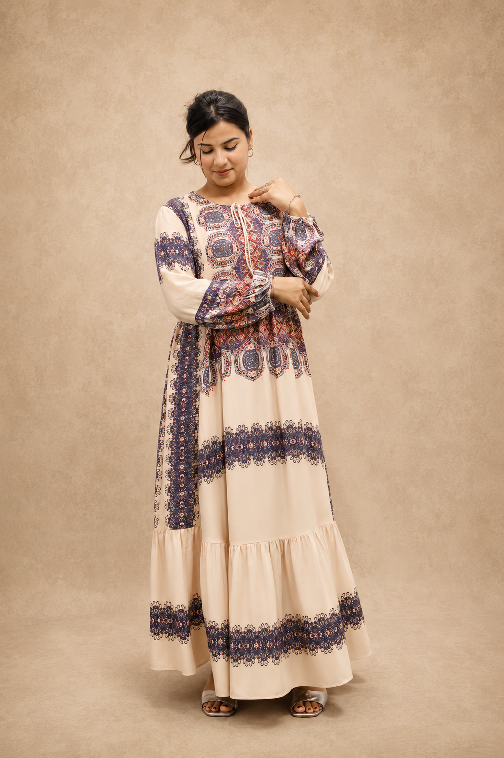 BEIGE VICOSE HAND WORK LONGB DRESS