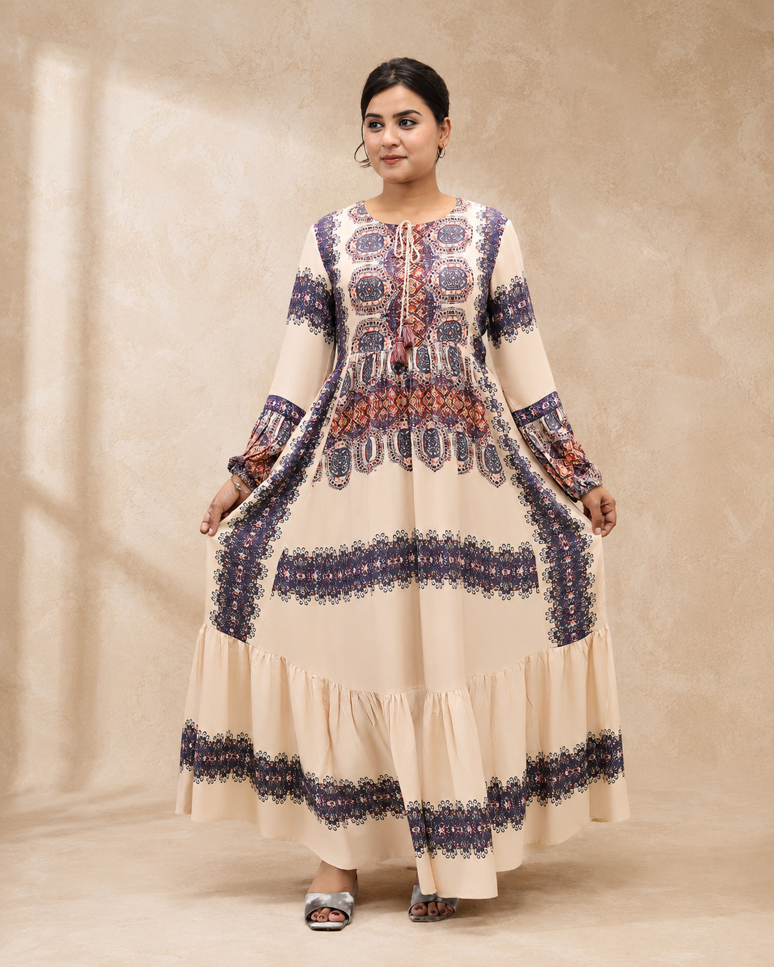 BEIGE VICOSE HAND WORK LONGB DRESS