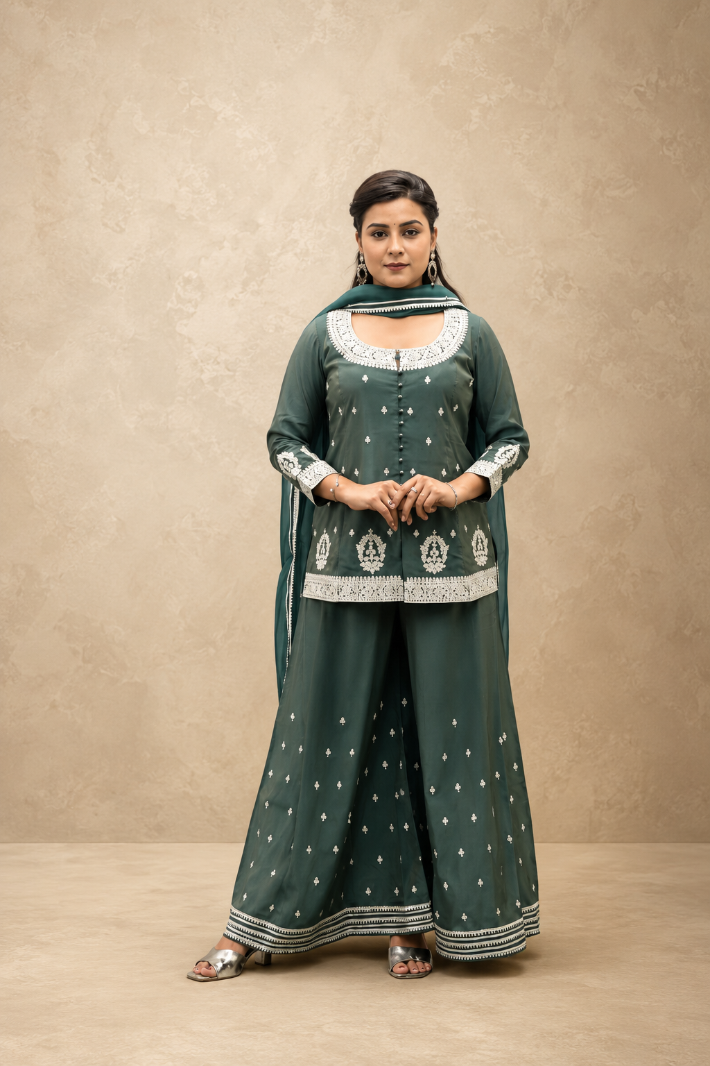 GREEN TISSHU SIMMAR EMBEROIDERY SHARARA SUIT SET