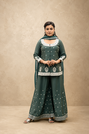 GREEN TISSHU SIMMAR EMBEROIDERY SHARARA SUIT SET