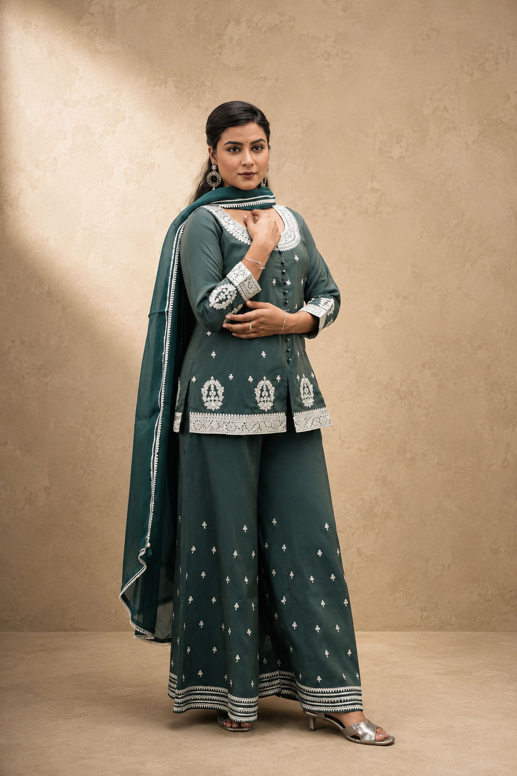 GREEN TISSHU SIMMAR EMBEROIDERY SHARARA SUIT SET