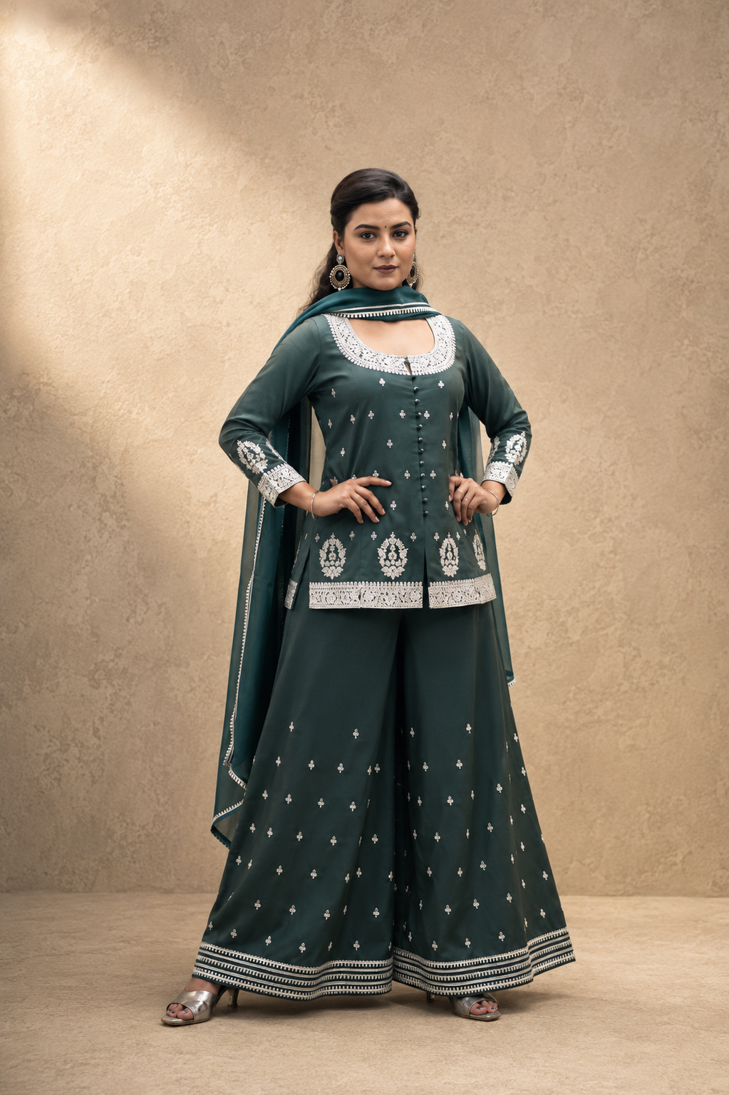 GREEN TISSHU SIMMAR EMBEROIDERY SHARARA SUIT SET
