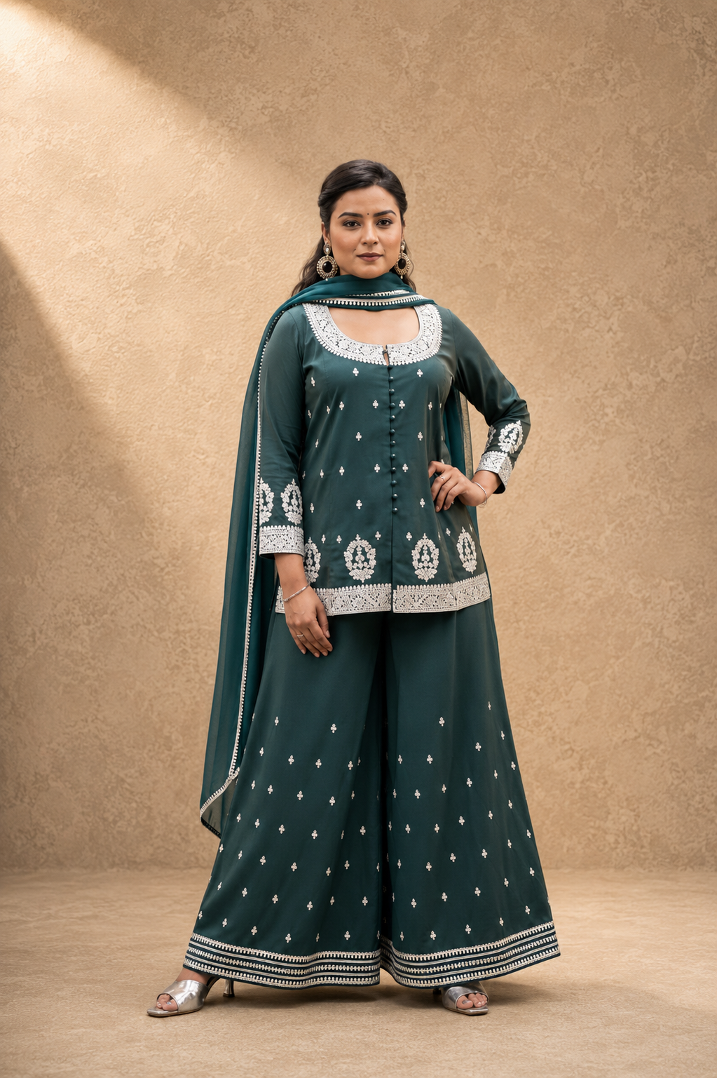 GREEN TISSHU SIMMAR EMBEROIDERY SHARARA SUIT SET