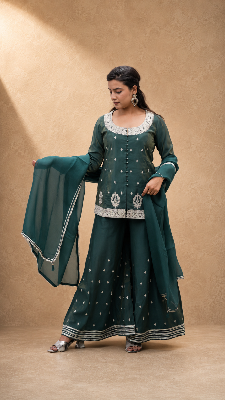 GREEN TISSHU SIMMAR EMBEROIDERY SHARARA SUIT SET