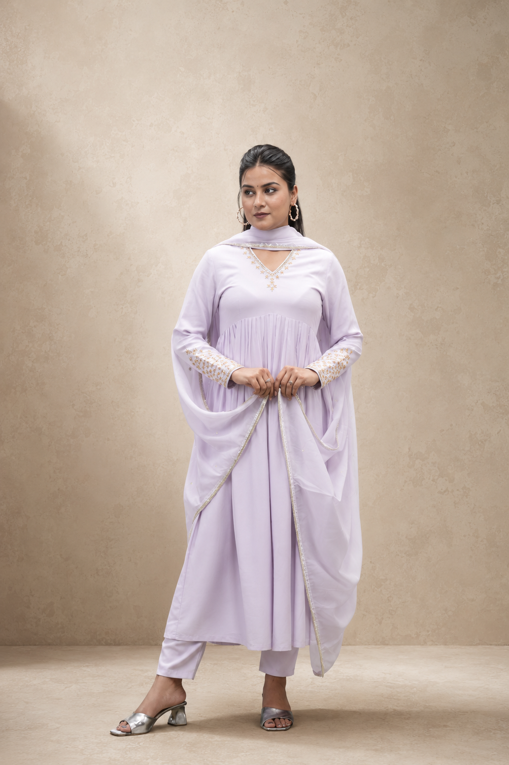 YELLOW COTTON SATIN PLEATED HAND WORK  STRIGHT PANT SUIT SET