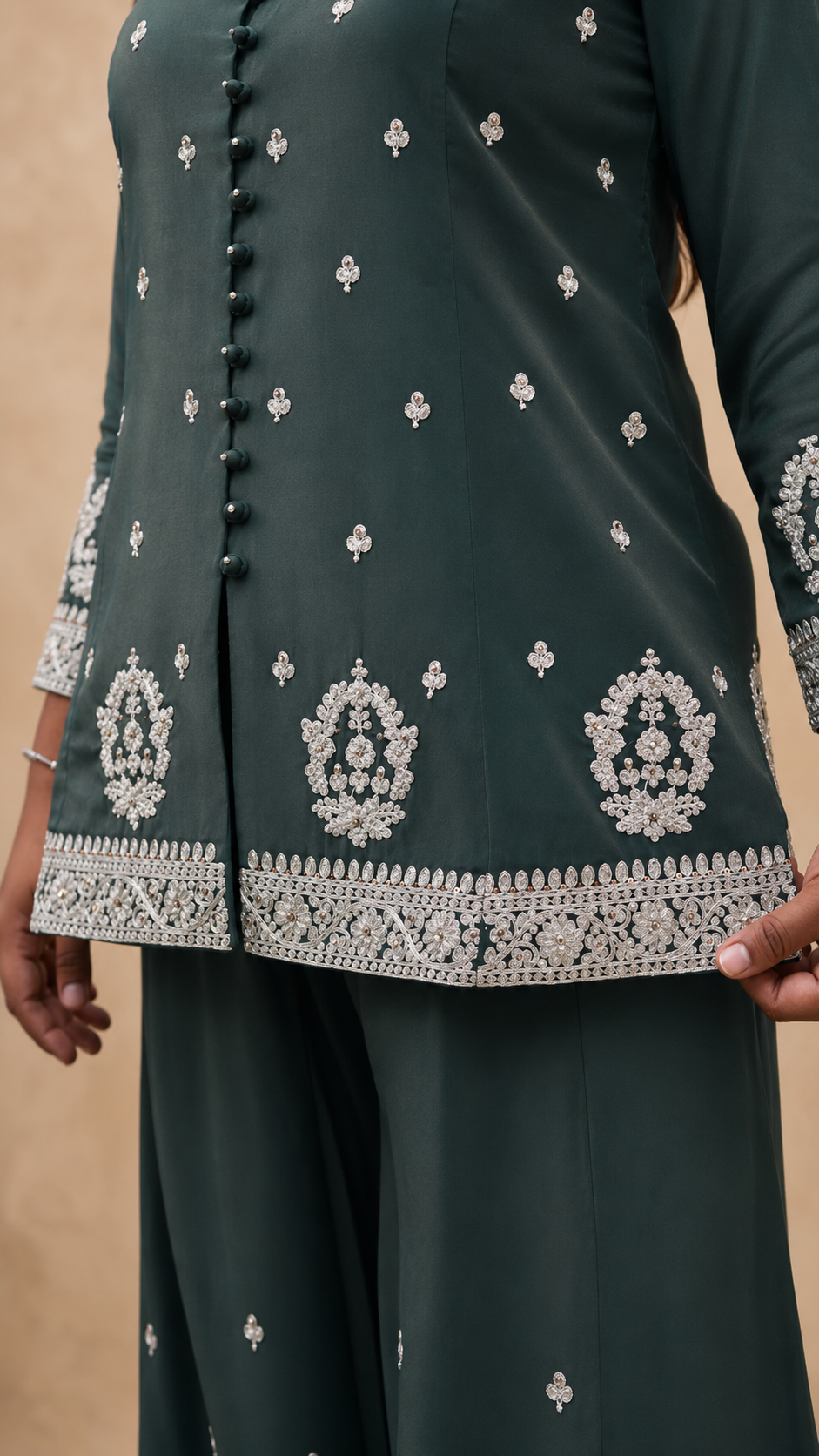 GREEN TISSHU SIMMAR EMBEROIDERY SHARARA SUIT SET