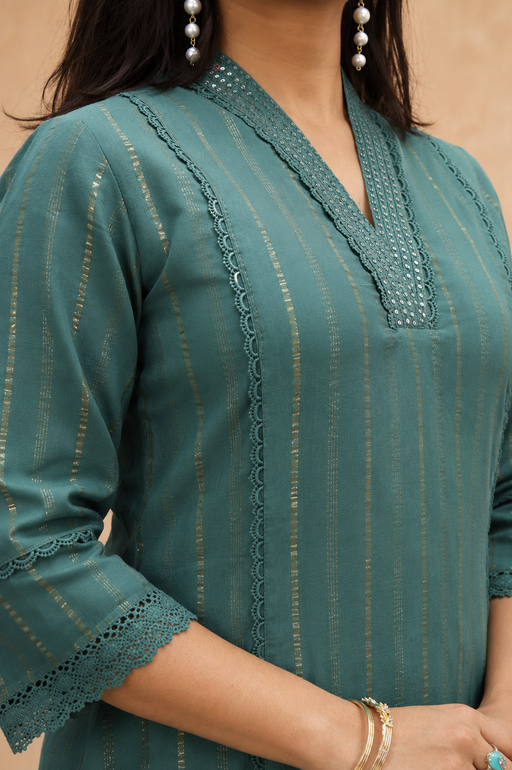 GREEN COTTON HAND WORK KURTA SUT SETS