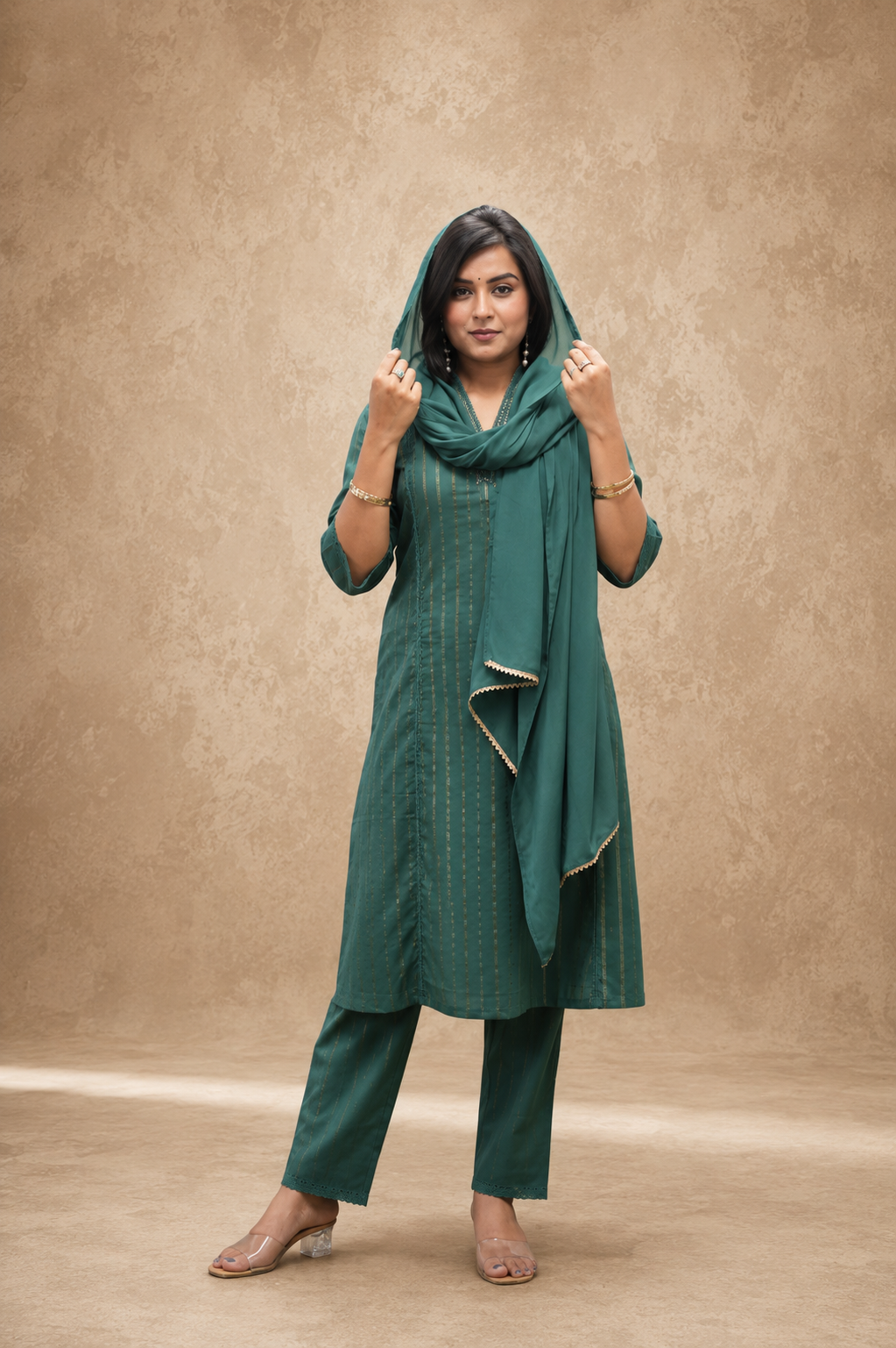 GREEN COTTON HAND WORK KURTA SUT SETS