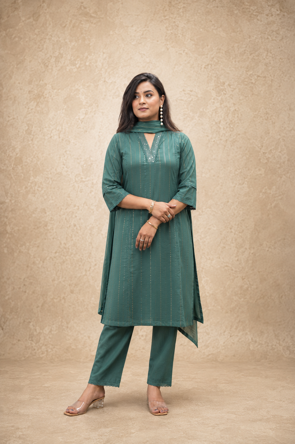 GREEN COTTON HAND WORK KURTA SUT SETS