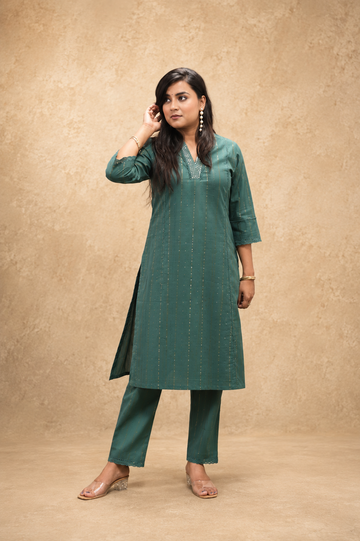 GREEN COTTON HAND WORK KURTA SUT SETS