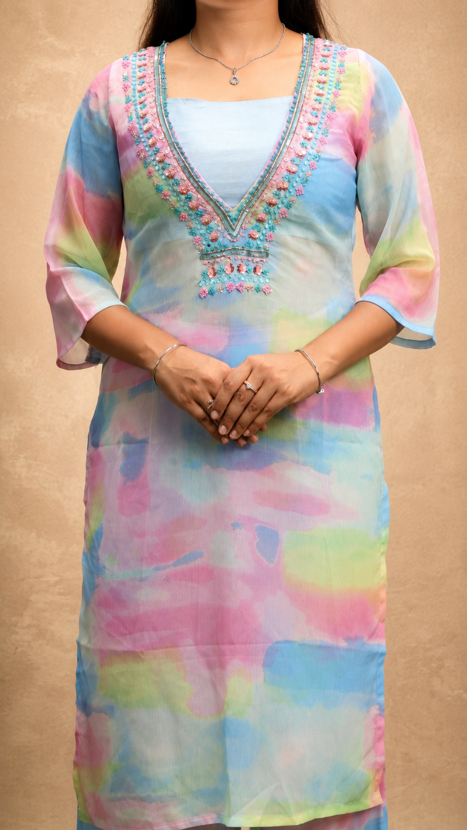 RAINBOW GEORGETTE HAND WORK KURTA PLAZZO SET