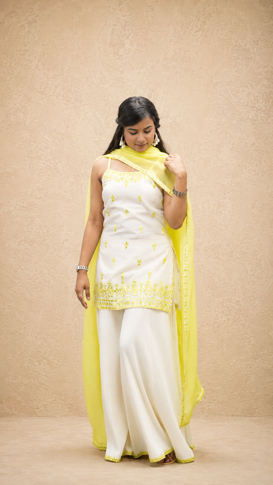 GREEN & WHITE chandari mirror work embrodery kurta sharara set
