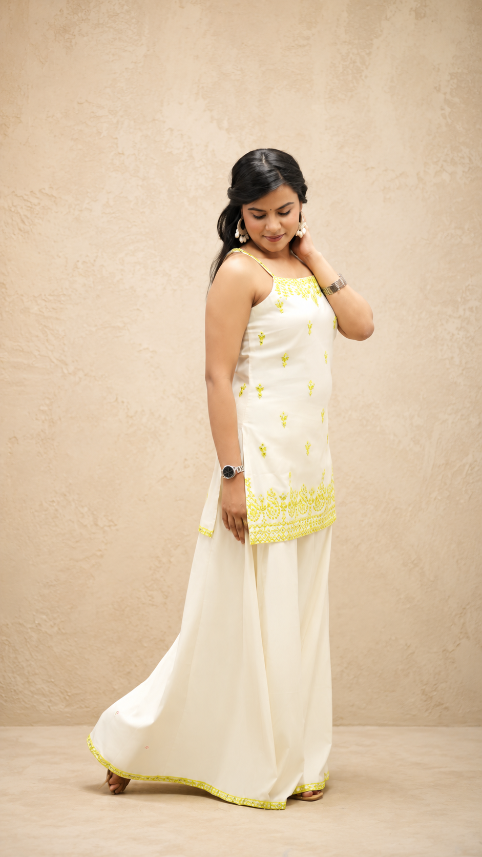 GREEN & WHITE chandari mirror work embrodery kurta sharara set
