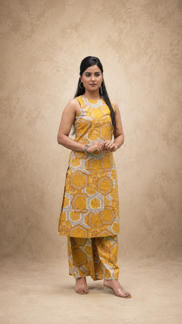 MUSTARD PRINTED STRIGHT CO-ORD SETS
