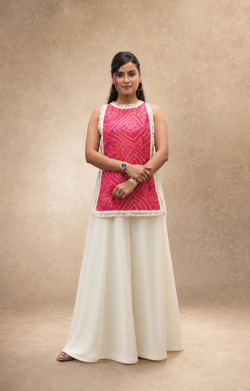 PINK CHANDARI CROP TOP  WITH SHARARA