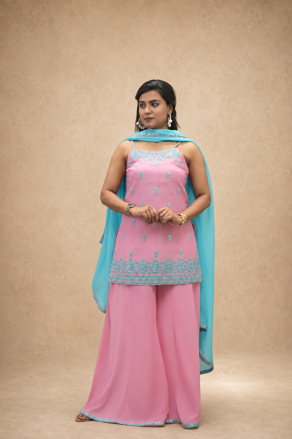 PINK & BLUE CHANDARI MIRROR WORK EMBRODERY KURTA SHARARA SET