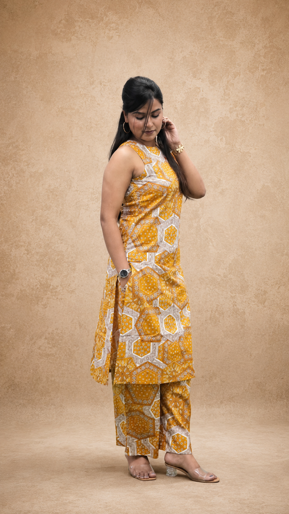 MUSTARD PRINTED STRIGHT CO-ORD SETS