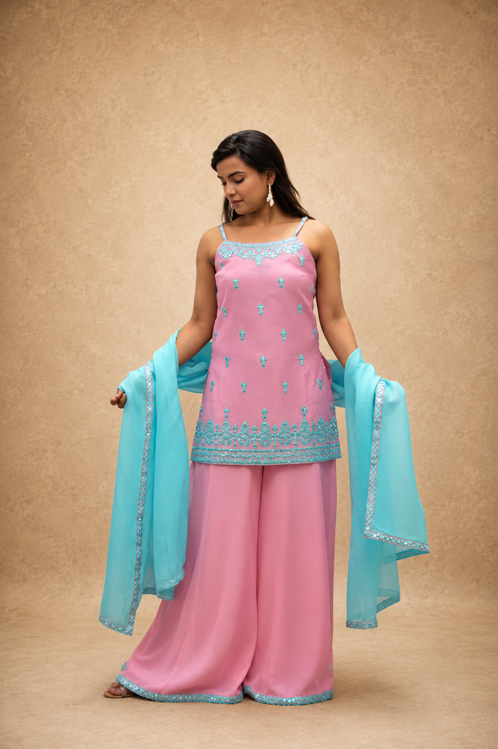 PINK & BLUE CHANDARI MIRROR WORK EMBRODERY KURTA SHARARA SET