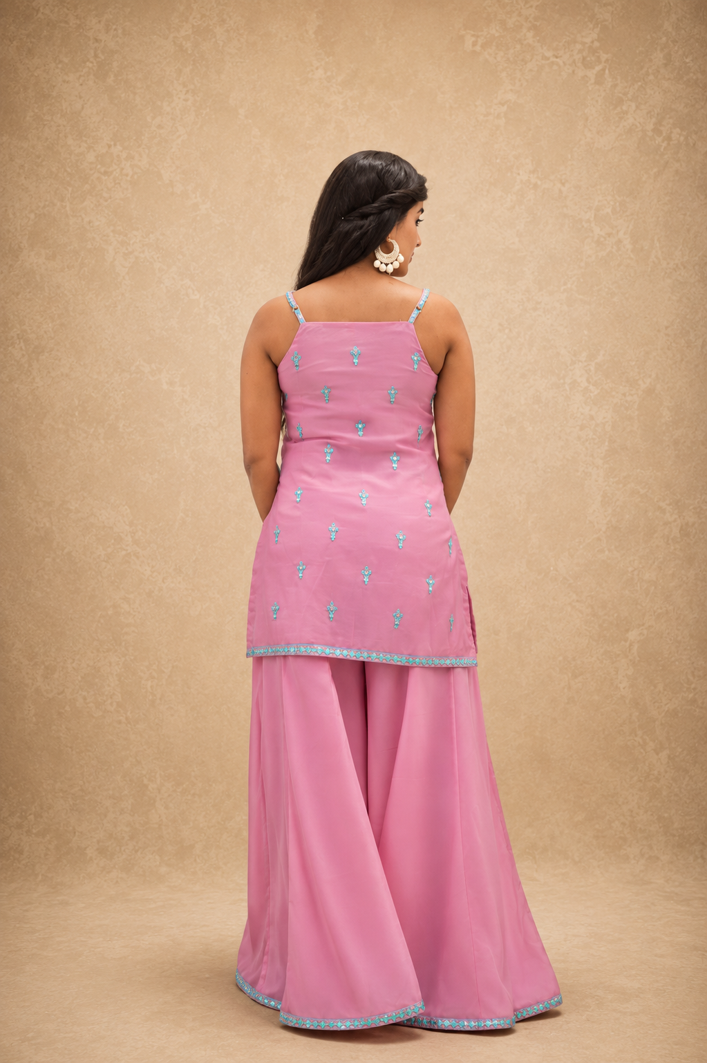 PINK & BLUE CHANDARI MIRROR WORK EMBRODERY KURTA SHARARA SET