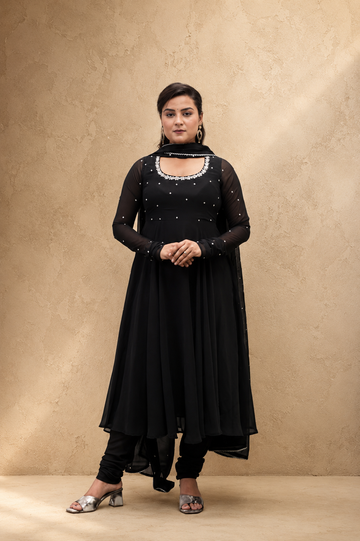 BLACK GEORGETTE HAND WORK  FLARED DRESS