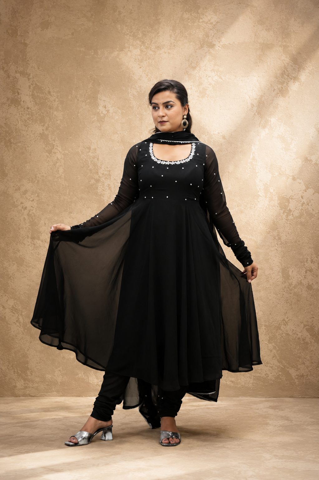 BLACK GEORGETTE HAND WORK  FLARED DRESS