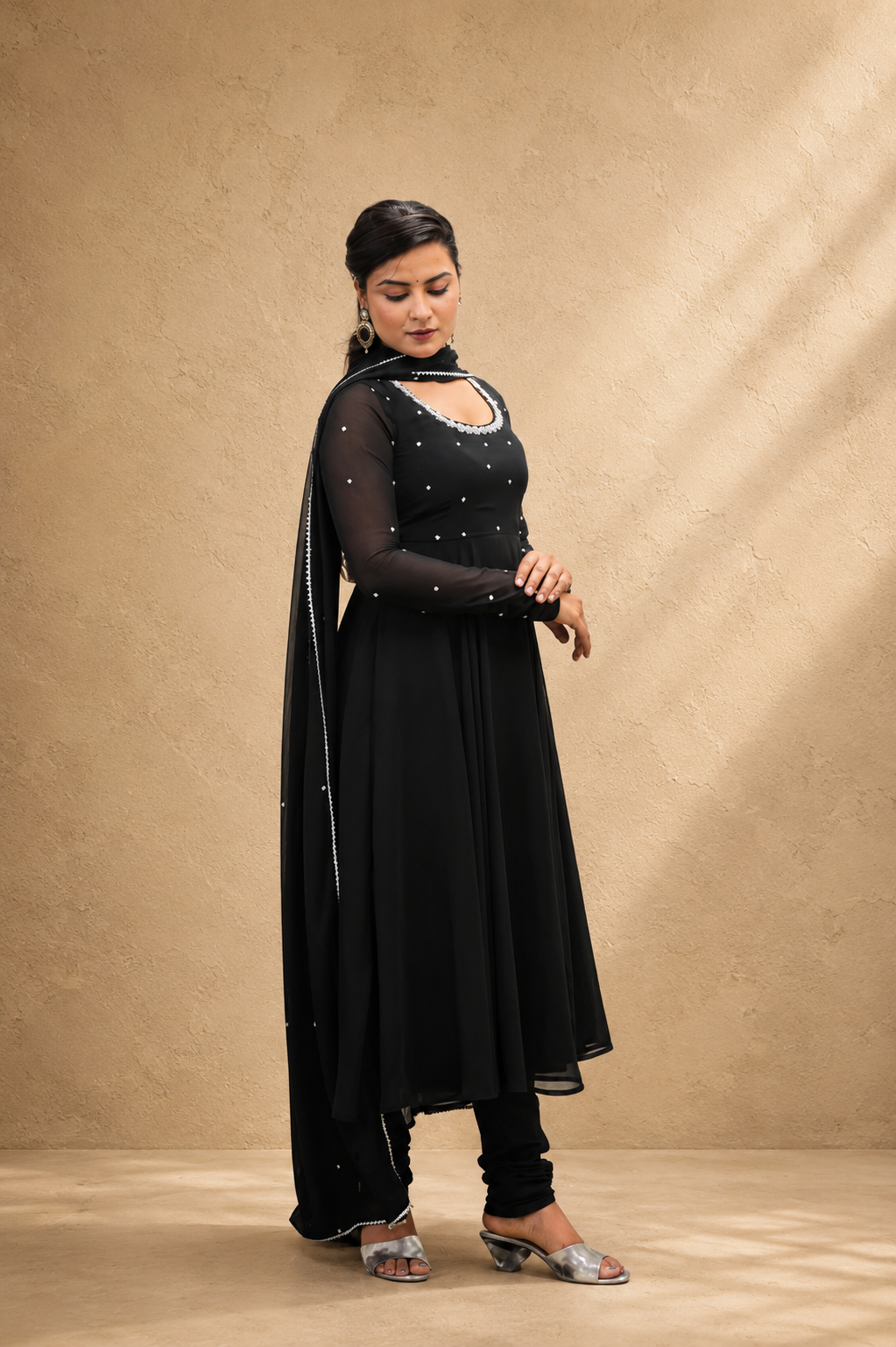 BLACK GEORGETTE HAND WORK  FLARED DRESS