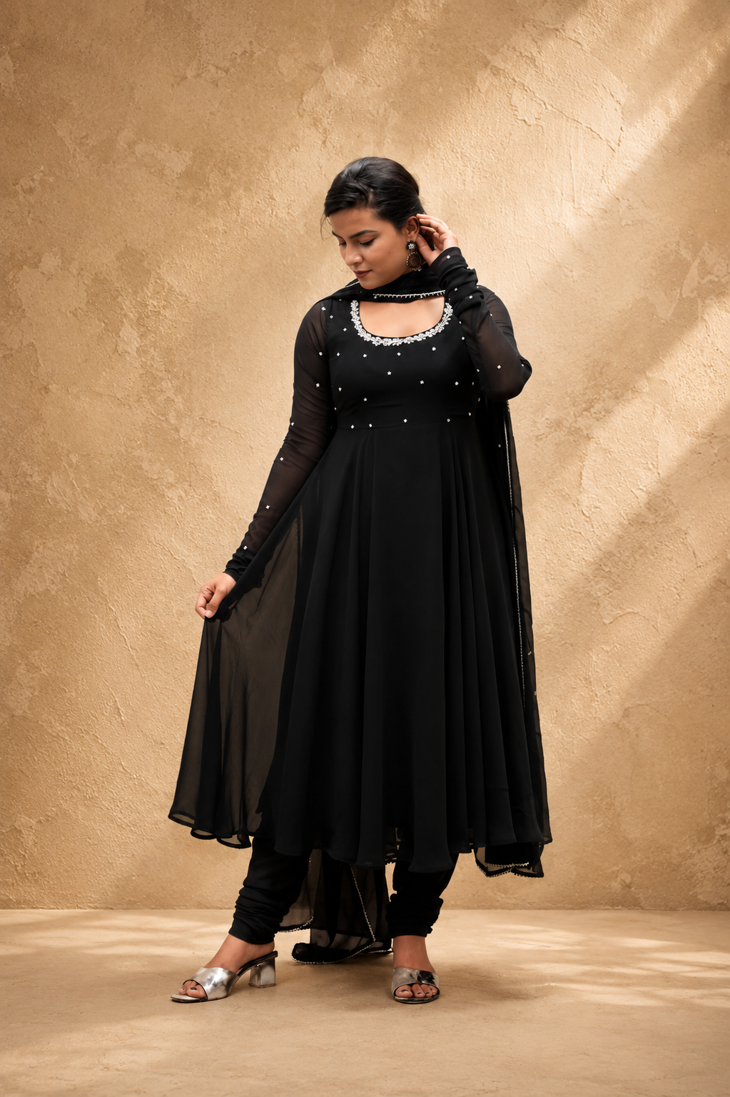 BLACK GEORGETTE HAND WORK  FLARED DRESS