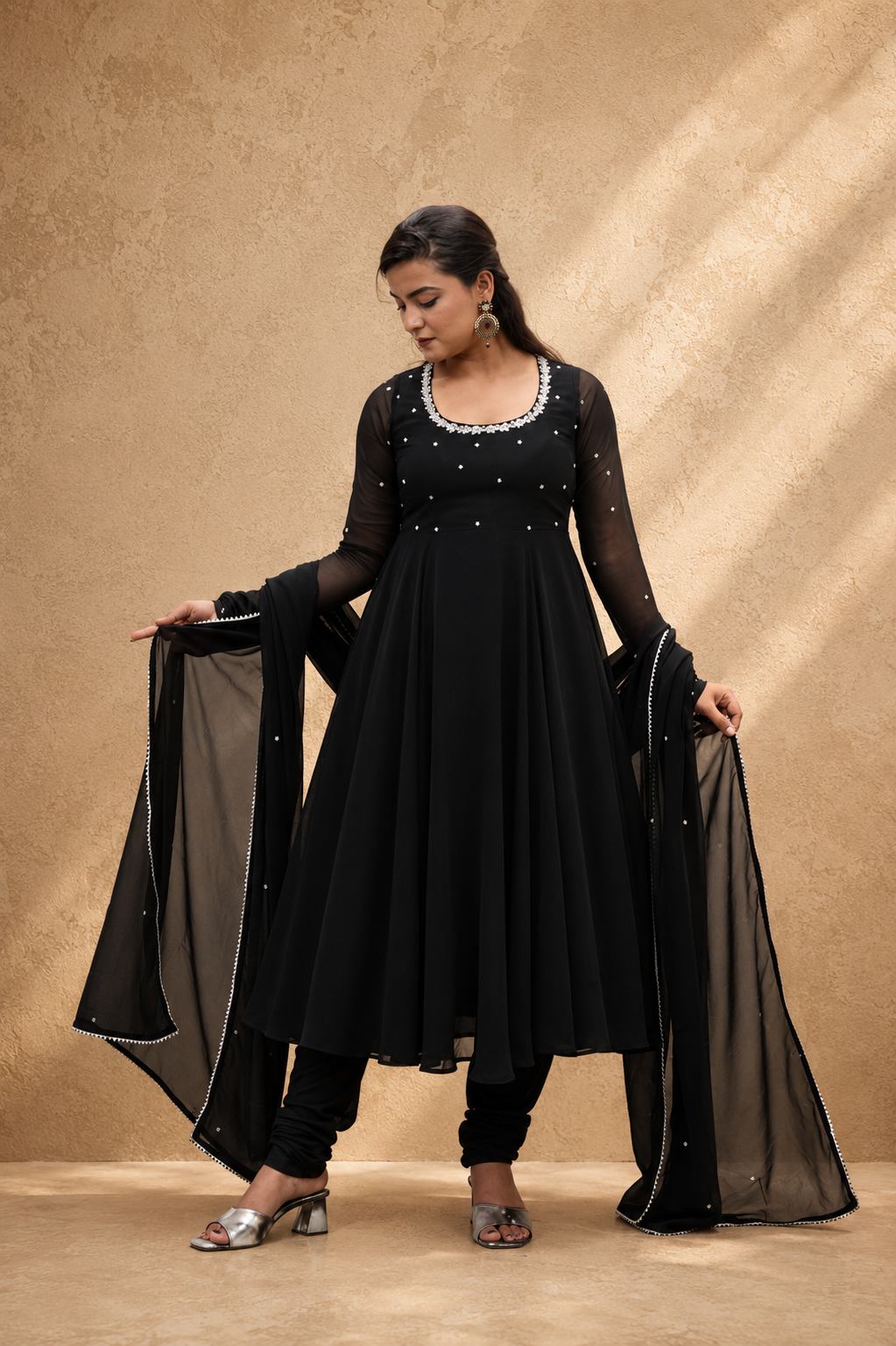 BLACK GEORGETTE HAND WORK  FLARED DRESS