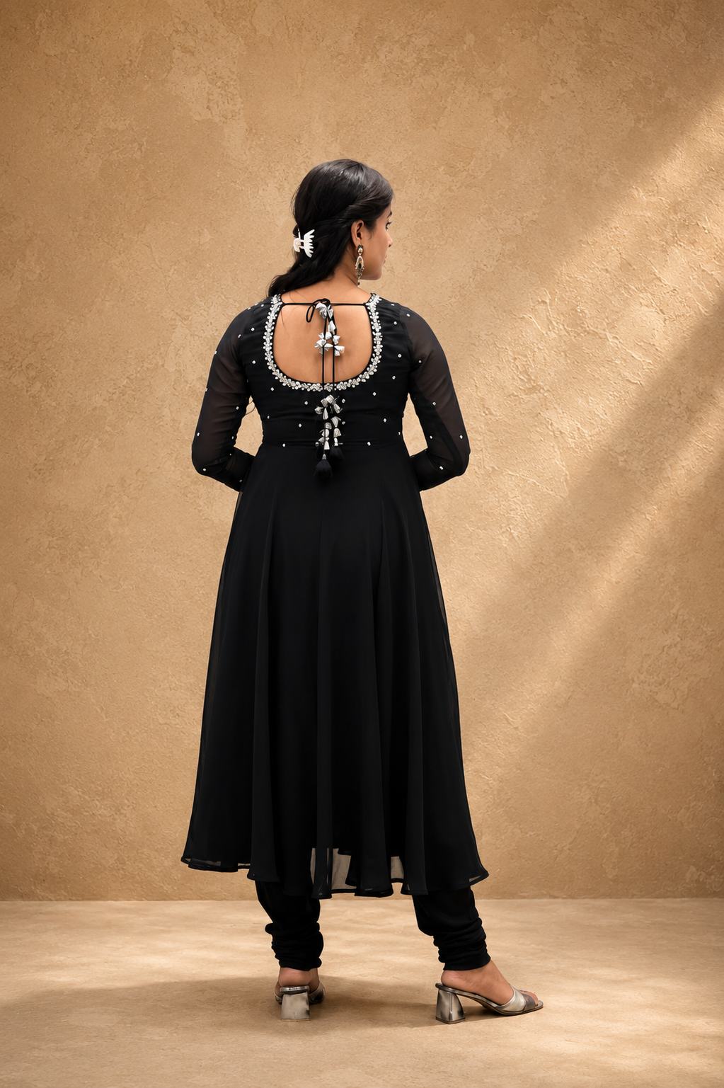 BLACK GEORGETTE HAND WORK  FLARED DRESS