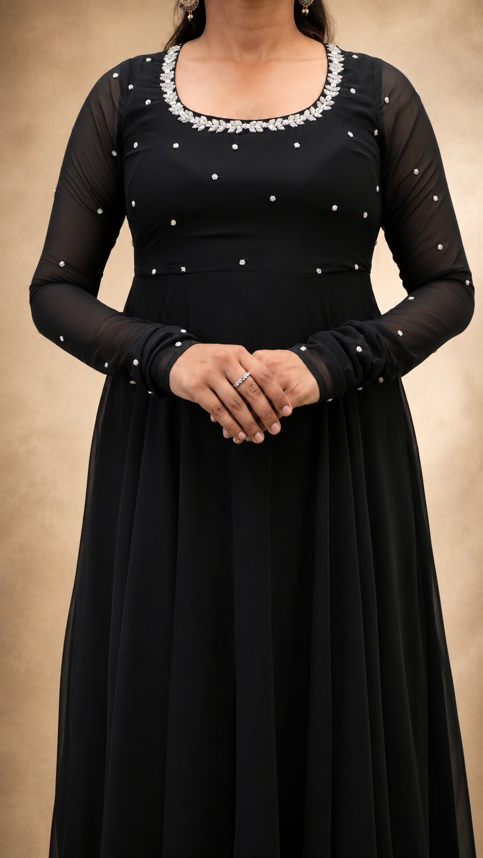 BLACK GEORGETTE HAND WORK  FLARED DRESS
