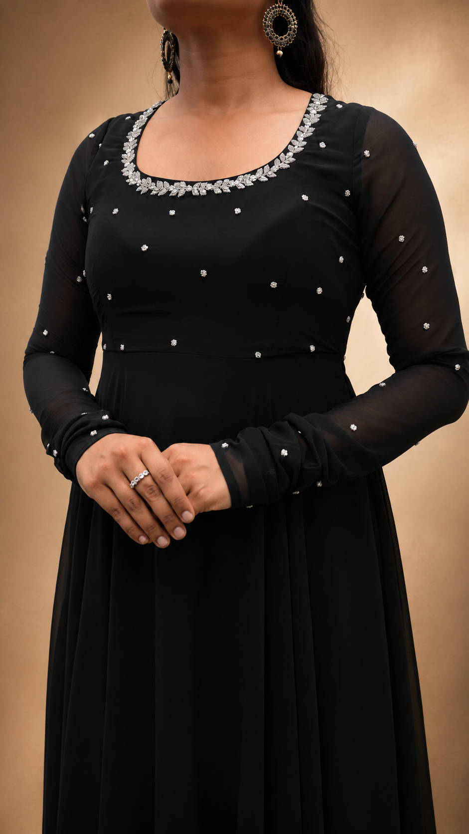 BLACK GEORGETTE HAND WORK  FLARED DRESS