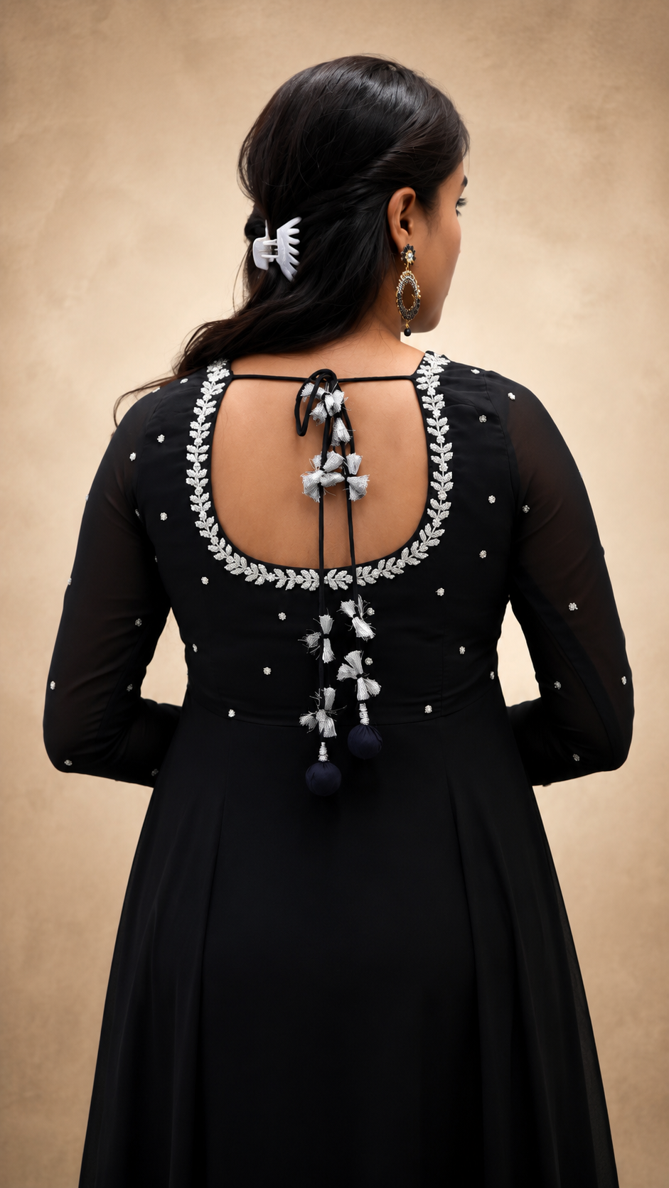 BLACK GEORGETTE HAND WORK  FLARED DRESS