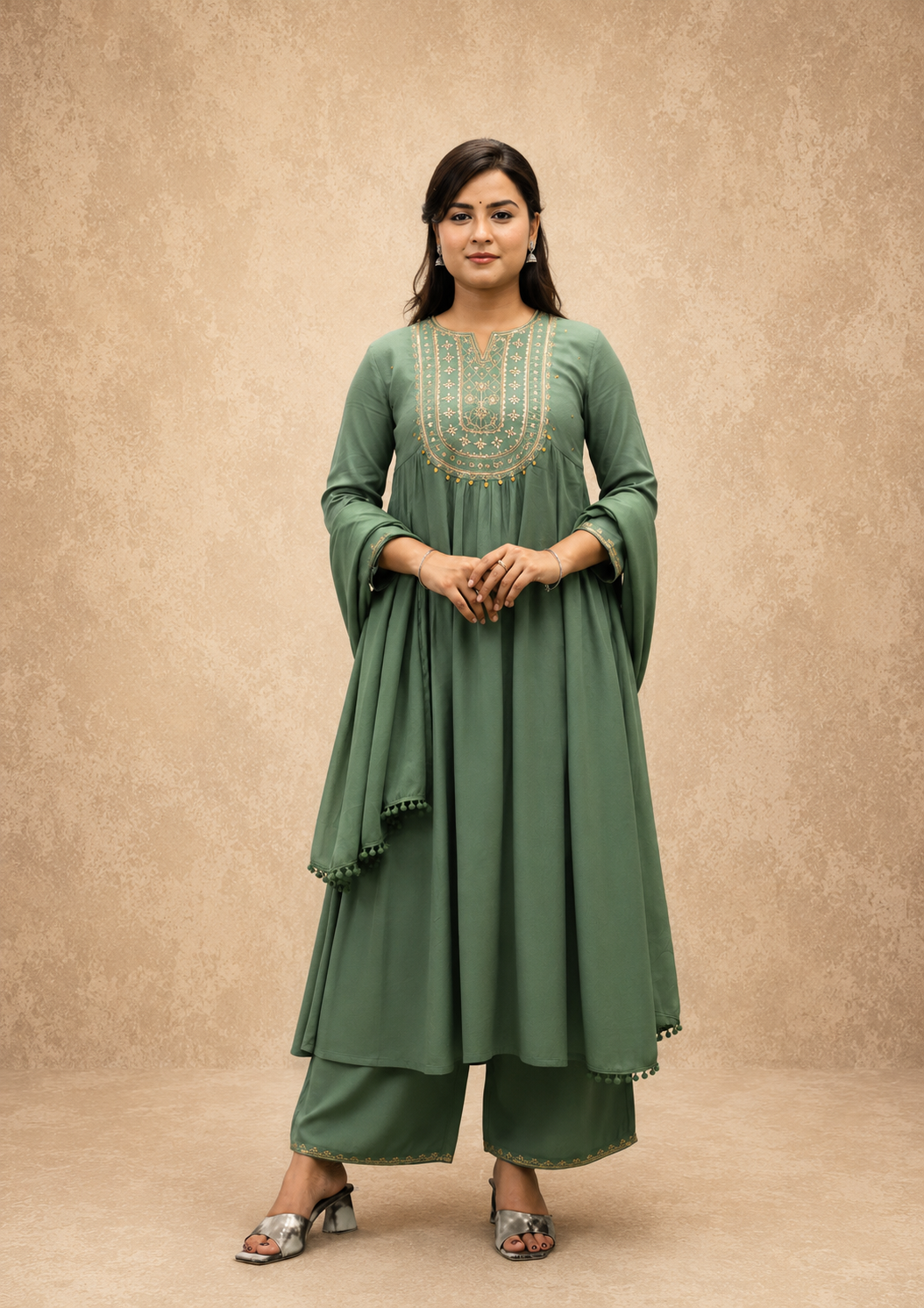 GREEN VICOSE EMBEROIDERY FLAREAD KURTA SUT SET