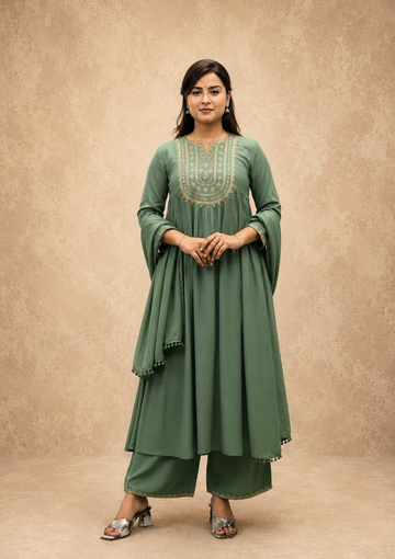 GREEN VICOSE EMBEROIDERY FLAREAD KURTA SUT SET