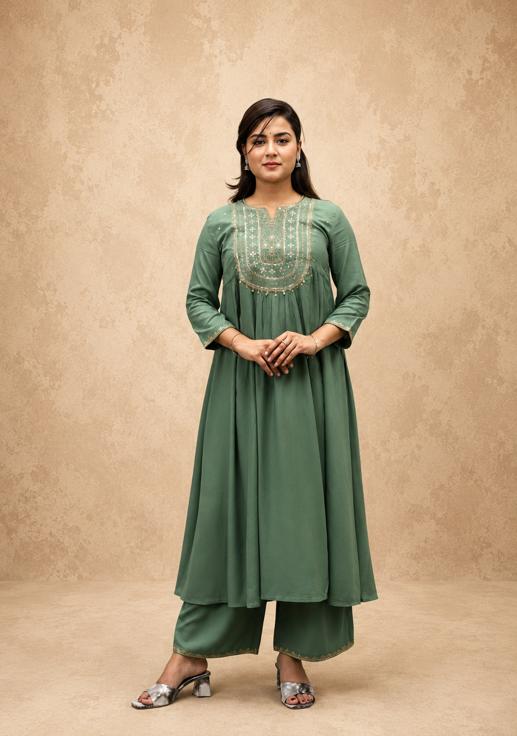 GREEN VICOSE EMBEROIDERY FLAREAD KURTA SUT SET